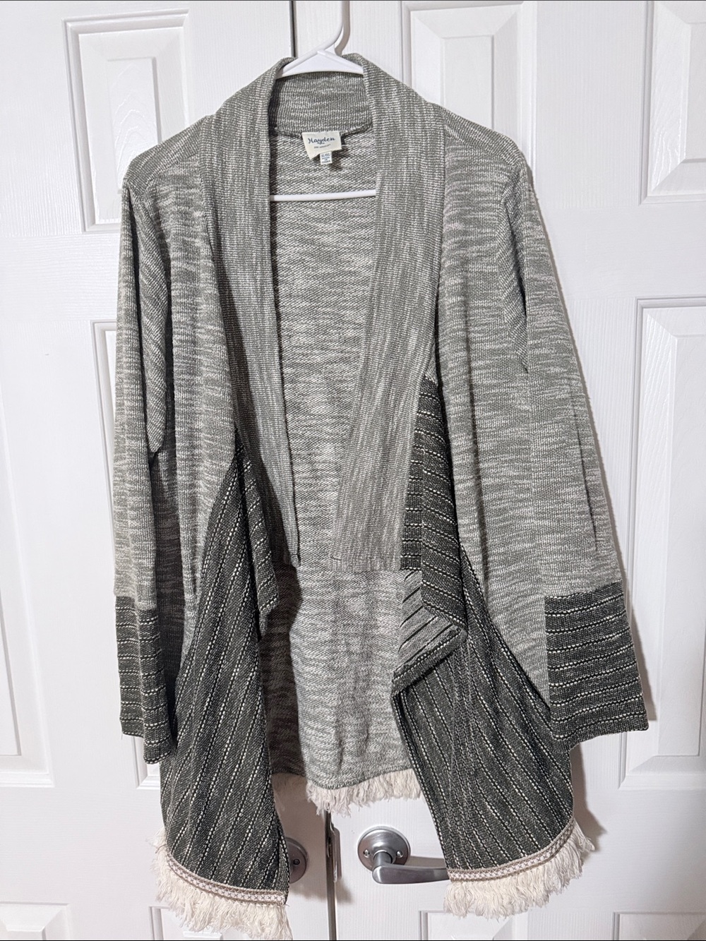 Gray Open-Front Fringe Knit Cardigan with Shawl Collar